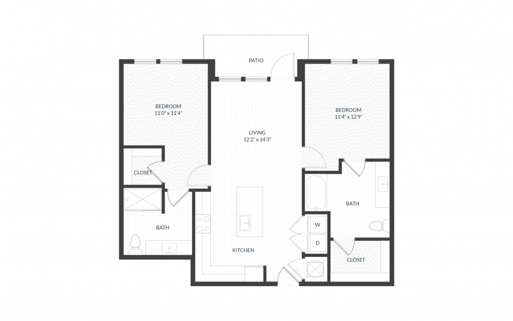 Alder - 2 bedroom floorplan layout with 2 baths and 1056 square feet.