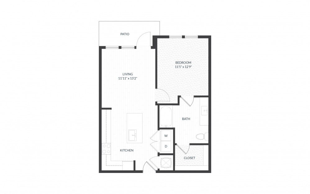 Aspen - 1 bedroom floorplan layout with 1 bath and 730 square feet.