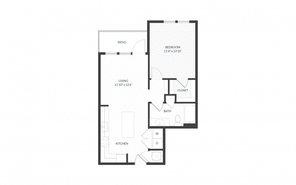 Hickory - 1 bedroom floorplan layout with 1 bath and 726 square feet.