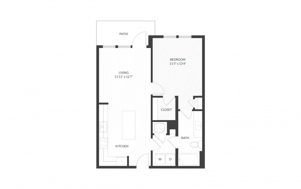 Willow - 1 bedroom floorplan layout with 1 bath and 730 square feet.